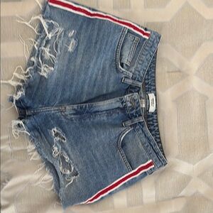 Forever 21 Blue Distressed Jean Shorts with Red Stripe